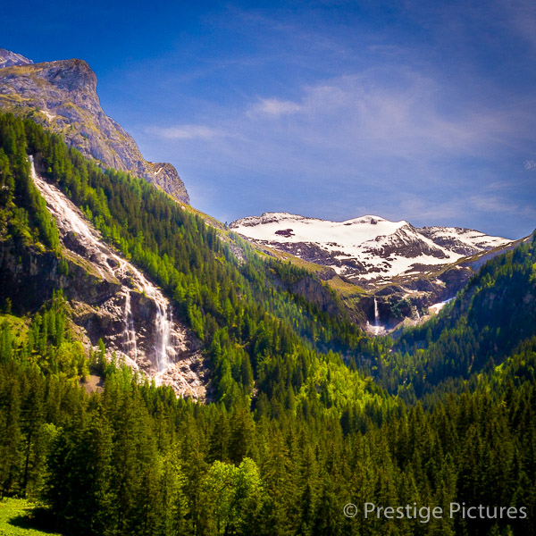 Aerial photo of Swiss Mountain and waterfall